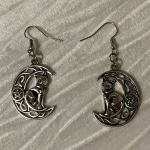 Silver Cat Moon Earrings